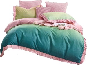 Pościel  z falbanką cieniowana turkus/róż- 200x200 - 3 cz. 