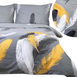 Pościel bawełniana satyna Białe/żółte pióra/szara - 140x200 