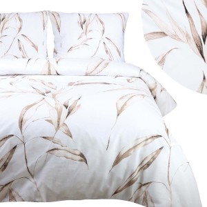 Pościel bawełniana satynowa Liście beżowe/biała  140x200