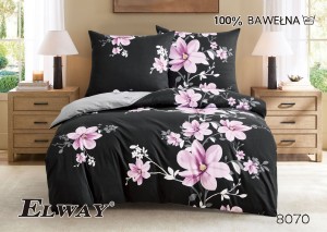 Pościel satynowa- Różowe kwiaty magnolii/czarna- 140X200 -Elway 
