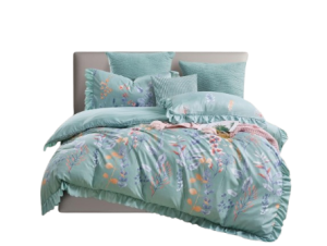 Pościel  z falbanką kwiaty/miętowa- 160x200 - 3 cz. 