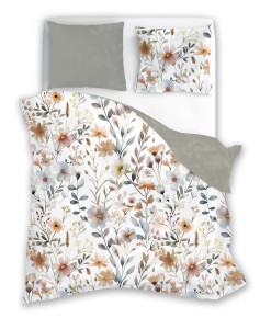 POŚCIEL satynowa Kwietna łąka/szara- 200x200- 3 cz. 