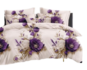 Pościel  Fioletowe kwiaty/krem - 200x220 + prześcieradło  