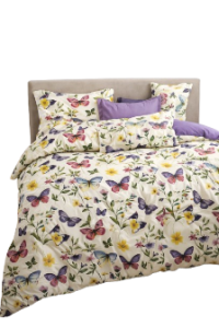 Pościel  -  Kolorowe motyle/krem/fiolet - 200x200 + prześcieradło 