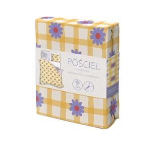 Pościel - Fioletowe kwiatki - żółta kratka- 180x200 - 3 cz.  